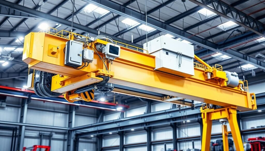 A high-quality, detailed image of a double girder EOT (Electrical Overhead Traveling) crane manufactured by VTOM Crane Manufactures. The crane is positioned in a well-lit industrial setting, with a clean and modern aesthetic. The foreground showcases the crane's robust construction, intricate mechanisms, and smooth lines. The middle ground features the crane's operator cabin, control panels, and safety features. The background depicts a spacious workshop or factory setting, with subtle hints of machinery and infrastructure. The lighting is balanced, creating depth and emphasizing the crane's functional elegance. The composition captures the crane's scale, power, and precision, conveying a sense of VTOM's engineering excellence and commitment to overhead crane solutions.