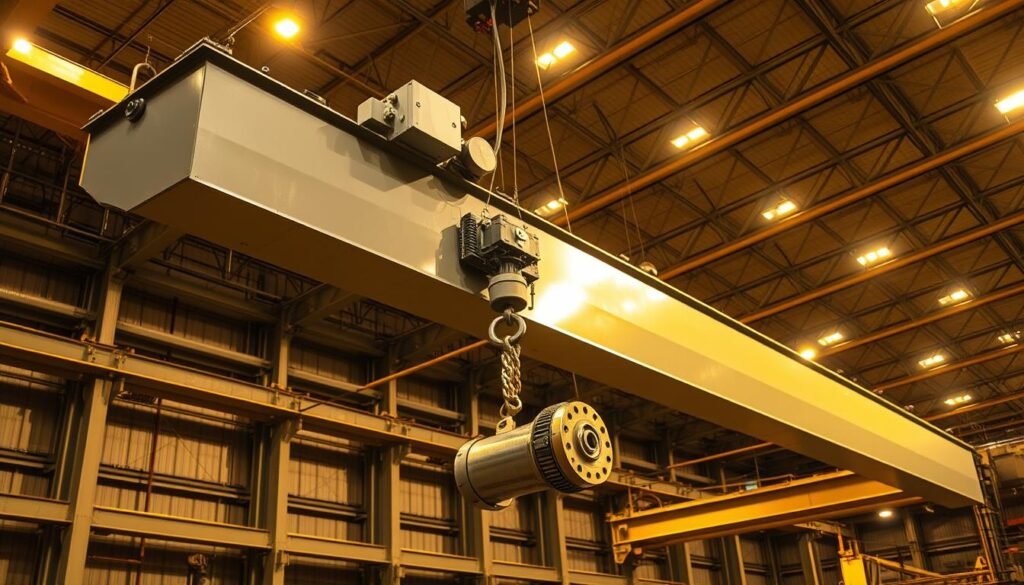 A large, industrial-grade single girder EOT (Electrical Overhead Traveling) crane hoists a heavy machinery part with precision. The crane's sleek, gray steel frame is illuminated by warm, directional lighting, casting dramatic shadows. In the foreground, the crane's hook and pulley system are in sharp focus, conveying the machine's power and capability. The middle ground reveals the crane's long, suspended bridge, smoothly gliding along the rails mounted on the factory ceiling. In the background, the cavernous, high-ceilinged industrial space is filled with other VTOM Crane Manufactures' equipment, hinting at the comprehensive range of material handling solutions available. The scene exudes a sense of efficiency, reliability, and technical expertise.