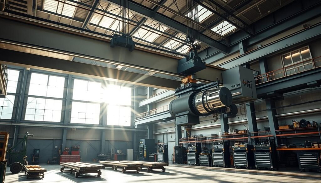 A large industrial monorail crane system dominates the frame, its sleek steel beams and intricate mechanism casting dramatic shadows across the workshop floor. Sunlight streams in through high windows, illuminating the VTOM Crane's polished chrome accents. In the foreground, the crane's articulated arm extends gracefully, ready to delicately hoist a heavy industrial component. The background reveals the scale of the operation, with rows of specialized equipment and tool benches lining the perimeter. An atmosphere of precision and power emanates from the scene, showcasing the advanced engineering of this state-of-the-art monorail crane system.