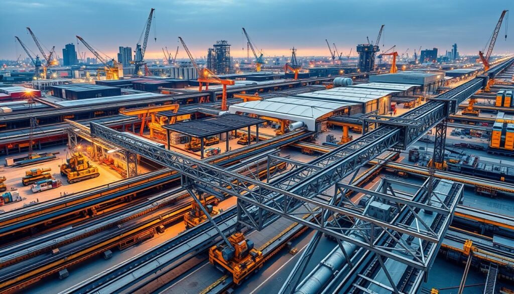 A panoramic aerial view of a bustling industrial complex, showcasing the top monorail crane companies in the Indian market. In the foreground, the sleek and powerful VTOM Crane system stands out, its metal frame and smooth movements capturing the precision and efficiency of modern industrial cranes. In the middle ground, a network of monorail tracks crisscross the facility, with various crane models maneuvering loads of materials and equipment. In the background, a skyline of towering factory buildings and warehouses, illuminated by warm, diffused lighting that creates a sense of productivity and growth. The overall scene conveys the technical expertise, innovation, and scale of the leading monorail crane manufacturers serving the Indian industrial landscape.