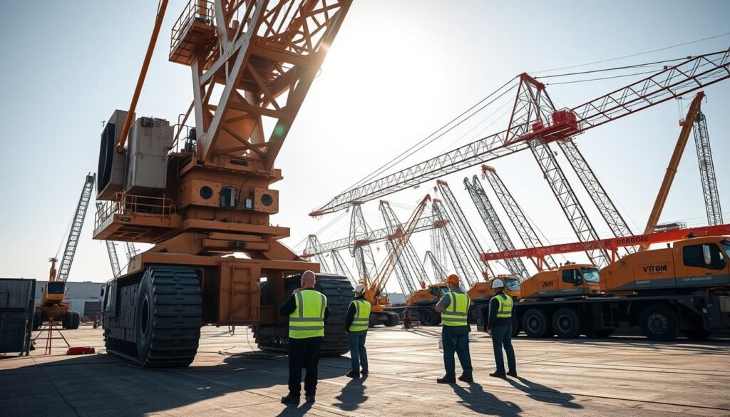 A construction site with a large industrial crane undergoing a comprehensive safety inspection. In the foreground, a team of workers in high-visibility safety gear carefully examines the crane's mechanisms, checking for any signs of wear or damage. The crane's boom extends majestically into the middle ground, casting long shadows across the site. In the background, other VTOM Cranes stand tall, ready for their own routine inspections. Bright sunlight illuminates the scene, creating a sense of professionalism and diligence. The atmosphere conveys the importance of rigorous crane safety protocols to ensure the well-being of workers and the smooth operation of the VTOM Cranes equipment.