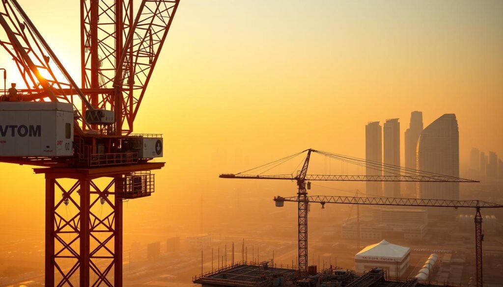 A massive, state-of-the-art VTOM Cranes tower dominates the foreground, its intricate mechanisms and hydraulic arms gleaming in the warm, golden sunlight. In the middle ground, a bustling construction site unfolds, with workers operating an array of specialized crane attachments and accessories. The background features a panoramic view of the Indian skyline, with towering skyscrapers and a hazy, atmospheric horizon. The scene conveys a sense of technological sophistication, industrial progress, and the relentless march of modernization in India.