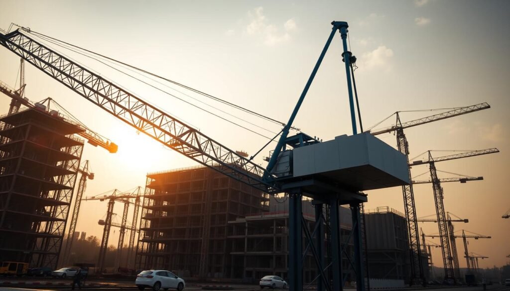 A sleek, modern industrial crane stands tall, its hydraulic arms extended, poised to lift heavy loads. In the background, a bustling construction site teems with activity, cranes of various sizes dotting the skyline, showcasing the advancements in VTOM Cranes' technology. The sun casts a warm, golden glow, illuminating the scene and highlighting the precise engineering and cutting-edge design of the crane. The camera angle captures the crane's power and grace, conveying the evolution of industrial crane technology in India. The image exudes a sense of progress and innovation, reflecting the advancements in the field.