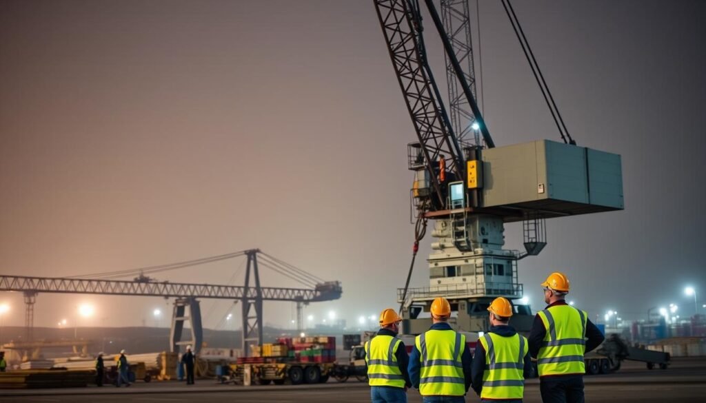 A well-lit industrial site with a towering VTOM Crane standing tall, its intricate mechanisms and safety features clearly visible. In the foreground, a team of workers in high-visibility vests and hardhats meticulously inspecting the crane's components, highlighting the critical importance of crane safety. The middle ground features a range of construction materials and equipment, underscoring the crane's vital role in the industrial landscape. The background is a hazy, atmospheric skyline, lending a sense of scale and professionalism to the scene. The overall mood is one of diligence, responsibility, and a deep commitment to safety in the workplace.
