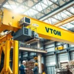 A detailed view of a VTOM Cranes overhead crane, prominently featured in an industrial setting. In the foreground, the crane's yellow steel frame and hoist are clearly visible, showcasing intricate components like the trolley and lifting attachments. The middle ground includes workers in professional attire discussing operational procedures, highlighting teamwork and expertise. In the background, a large warehouse or manufacturing environment is depicted, with large beams and stacks of materials, emphasizing the heavy-duty function of the crane. The scene is illuminated by natural light coming through large windows, casting soft shadows, creating a productive atmosphere. The angle is slightly low, looking up at the crane, and capturing its impressive height and engineering design. The mood is one of industriousness and innovation, inviting understanding of overhead cranes in action.