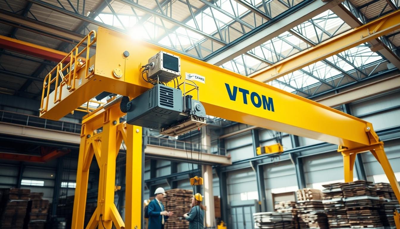 A detailed view of a VTOM Cranes overhead crane, prominently featured in an industrial setting. In the foreground, the crane's yellow steel frame and hoist are clearly visible, showcasing intricate components like the trolley and lifting attachments. The middle ground includes workers in professional attire discussing operational procedures, highlighting teamwork and expertise. In the background, a large warehouse or manufacturing environment is depicted, with large beams and stacks of materials, emphasizing the heavy-duty function of the crane. The scene is illuminated by natural light coming through large windows, casting soft shadows, creating a productive atmosphere. The angle is slightly low, looking up at the crane, and capturing its impressive height and engineering design. The mood is one of industriousness and innovation, inviting understanding of overhead cranes in action.