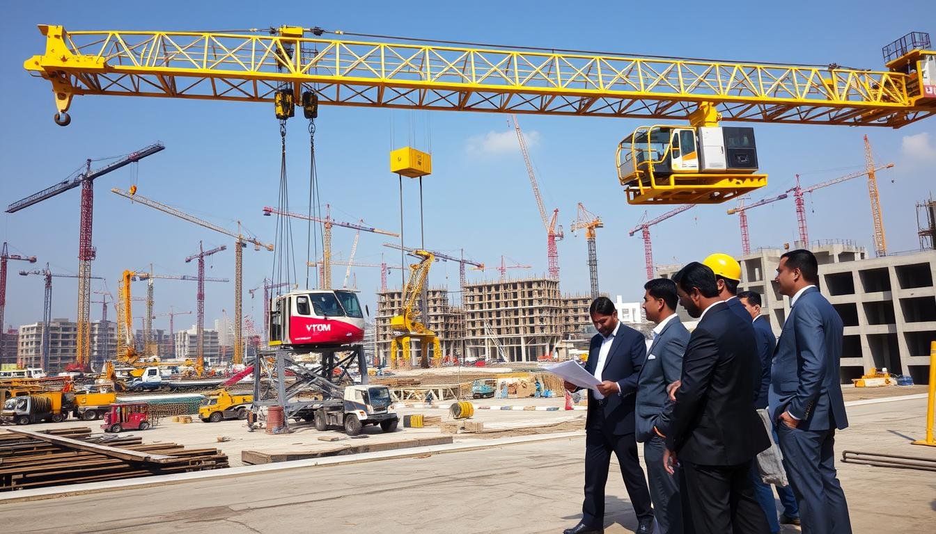 A scene depicting a professional crane installation in an industrial setting in Pune. In the foreground, a large, well-maintained VTOM crane is in operation, lifting heavy equipment with intricate rigging visible. Middle ground features a diverse team of engineers and technicians in professional business attire, focused and collaborating, examining blueprints and coordinating the crane's movements. The background shows a bustling construction site with cranes, machinery, and partially completed buildings under a clear blue sky. Soft, natural lighting casts slight shadows, adding depth to the scene while conveying a sense of urgency and expertise. The overall atmosphere is one of professionalism, precision, and teamwork in a dynamic environment.