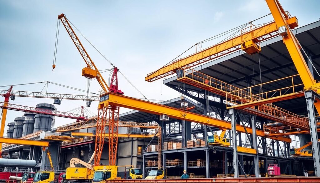 Image of various overhead cranes in different industrial settings