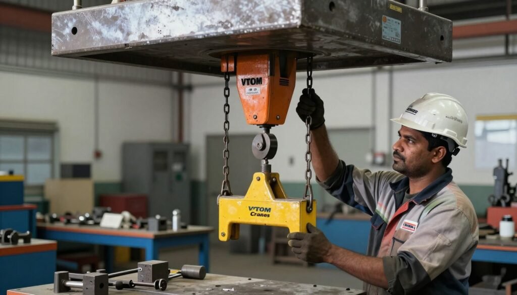 Chain hoist positioning a part at an assembly workstation